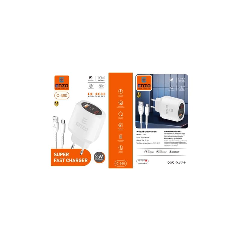 شارژر فست با کابل تایپ سی ENZO C-360 2PORT 25W — تصویر ۳