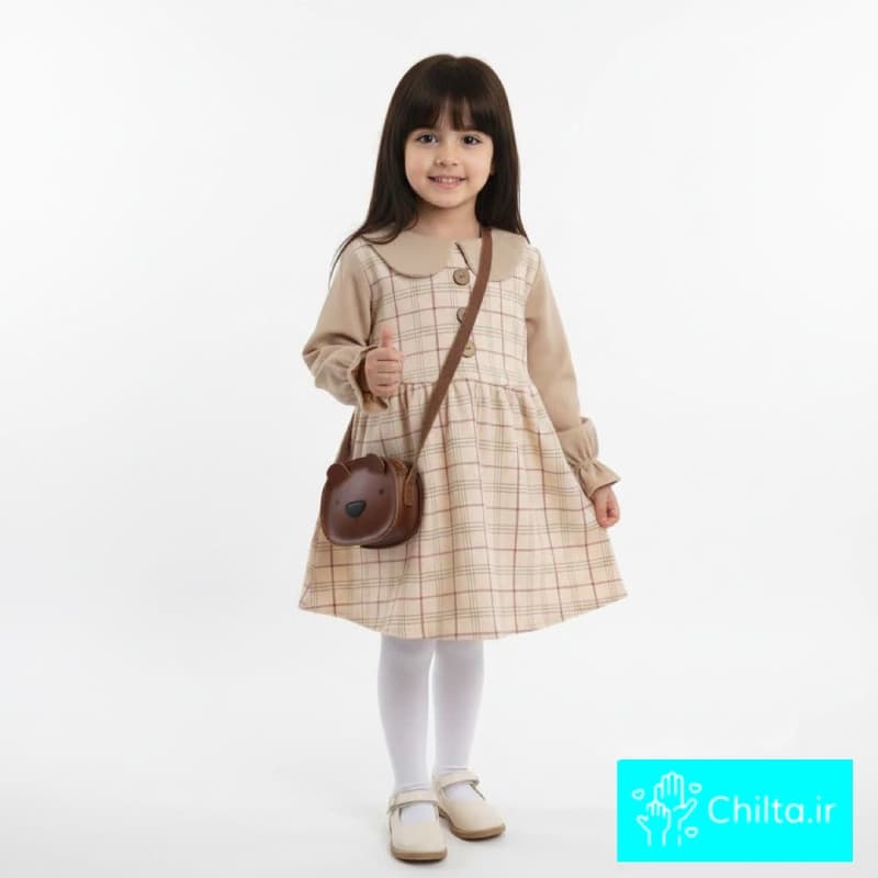 پیراهن دخترانه طرح چهارخانه یقه ب ب بچگانه