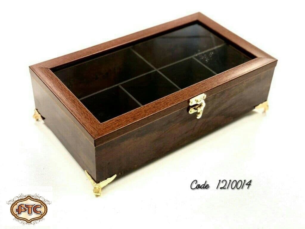 جعبه تی بگ چوبی 6 خانه پایه دار قهوه ای 210014