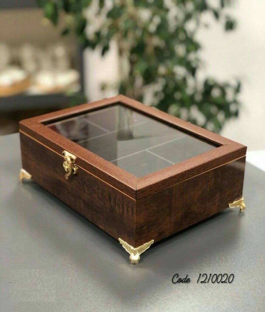 جعبه تی بگ چوبی 5خانه پایه دار قهوه ای 210018