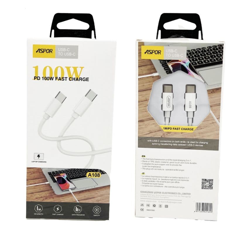 کابل C-C دوسرتایپ سی ASPOR مدل A108 100W اورجینال
