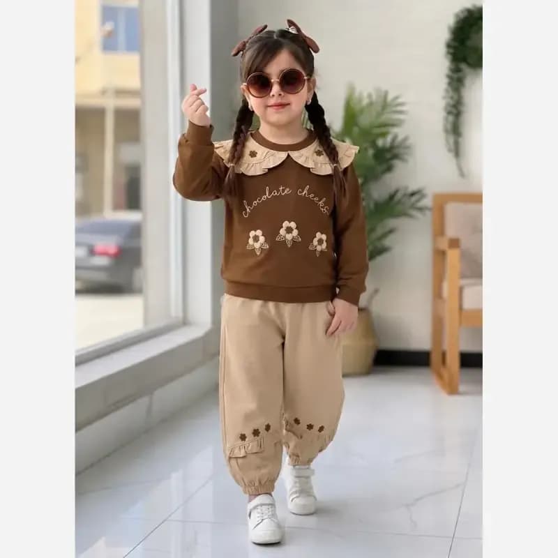 ست بلوز و شلوار دورس دو نخ فول لاکرا دخترانه مدل موکا — تصویر ۹