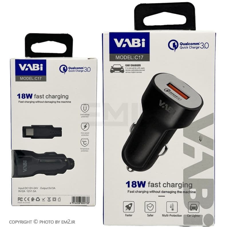 شارژر فندکی تک پورت 18W QC3 مدل VABI C17