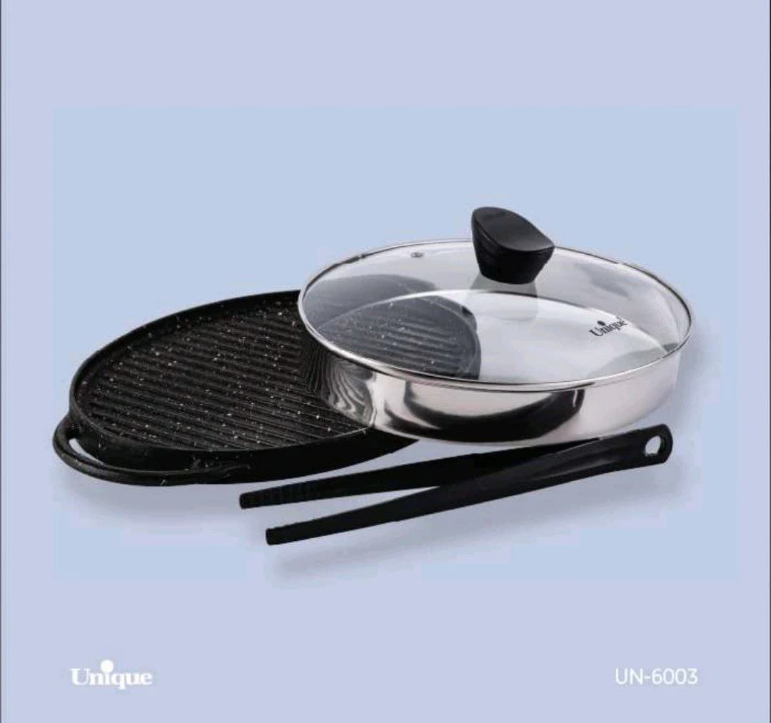 تابه گریل چدن گرد بزرگ بدون چوب یونیک کد UN-6003 — تصویر ۲