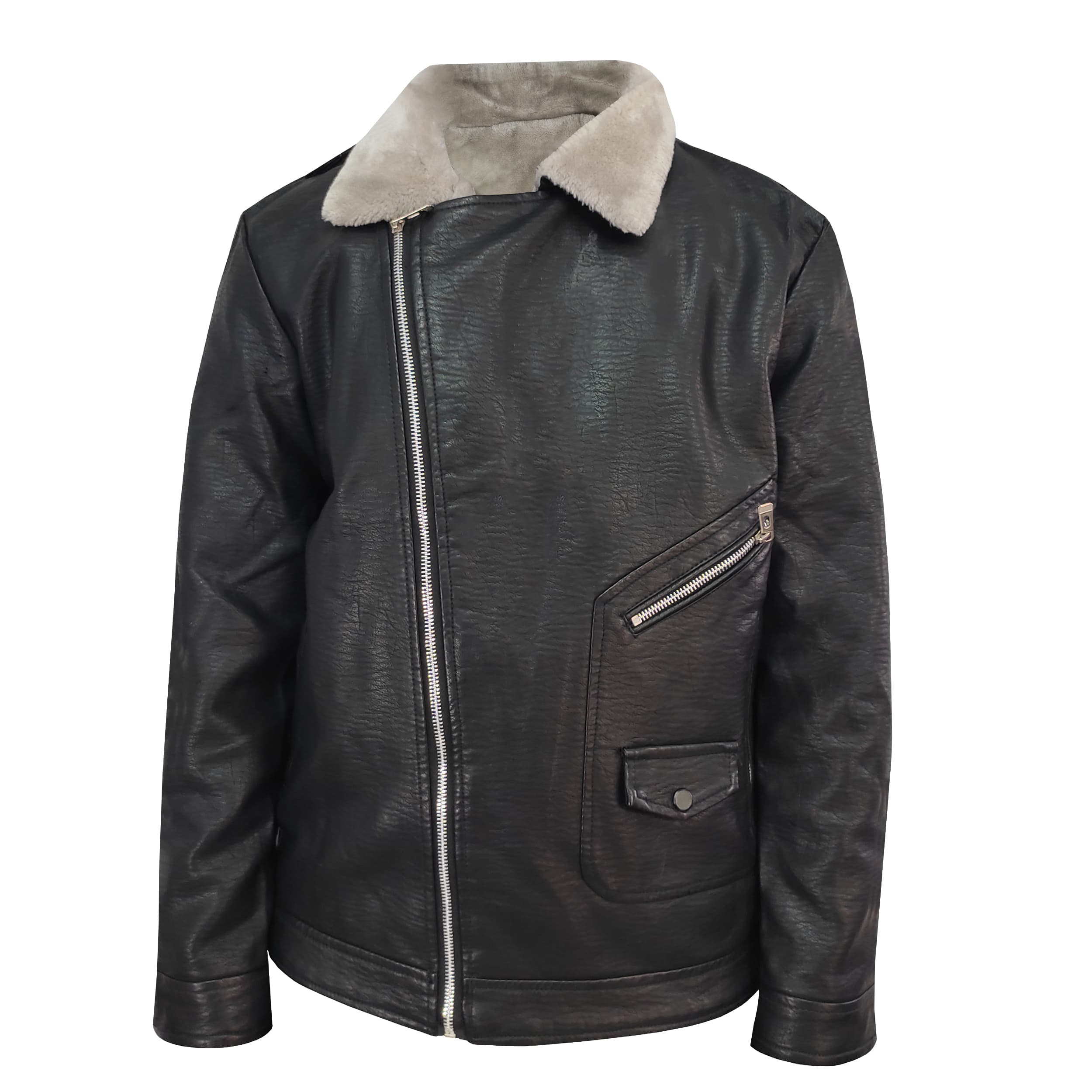 کاپشن چرم پسرانه مدل جیب کج کد kp-5685 رنگ مشکی