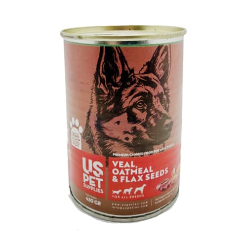 کنسرو سگ یو اس پت پته گوشت گوساله، بلغور جو و تخم کتان Us Pet وزن 430 گرم