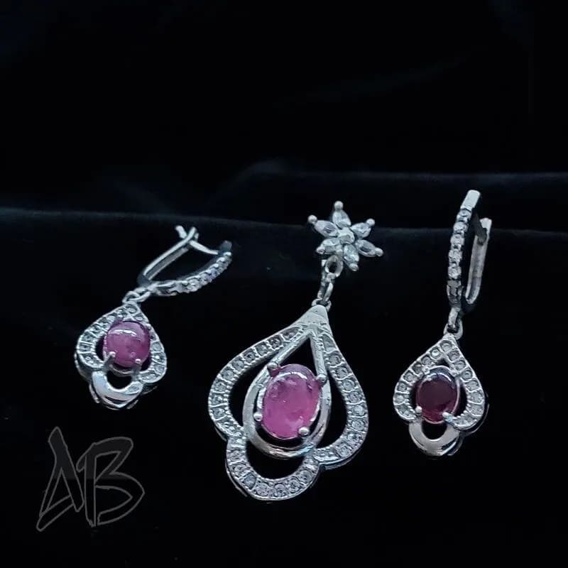 نیمست (گردنبند و گوشواره) نقره زنانه یاقوت سرخ اصل آقابزرگ کد Med11