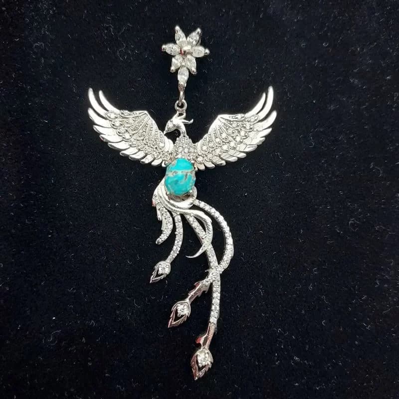 گردنبند یا مدالی نقره زنانه طرح سیمرغ نگین فیروزه نیشابور اصل آقابزرگ کد Med8 — تصویر ۲