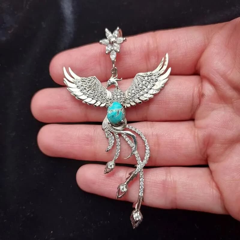 گردنبند یا مدالی نقره زنانه طرح سیمرغ نگین فیروزه نیشابور اصل آقابزرگ کد Med8 — تصویر ۴