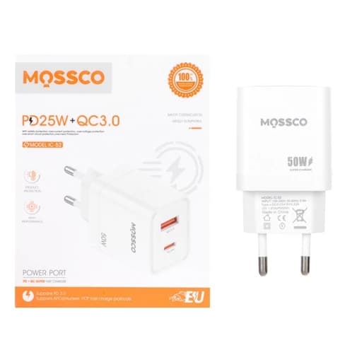 آداپتور شارژ سریع Mossco IC-52 | شارژر دو پورته PD + QC 25W