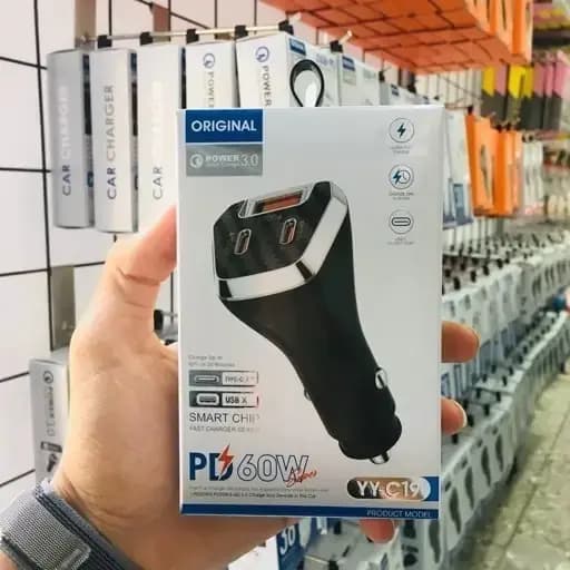 شارژر فندکی 60 وات YY‑C19 | شارژ سریع PD و QC 3.0 با 3 پورت