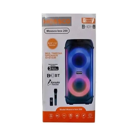 اسپیکر بلوتوثی Mossco BOX200 | دو میکروفون و رقص نور — تصویر ۲