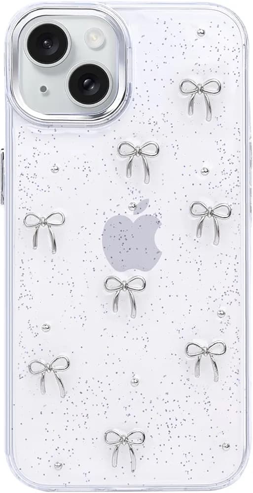 قاب شفاف اکلیلی و براق پاپیونی آیفون 15 – iPhone 15 Clear Shiny Bowknot Case