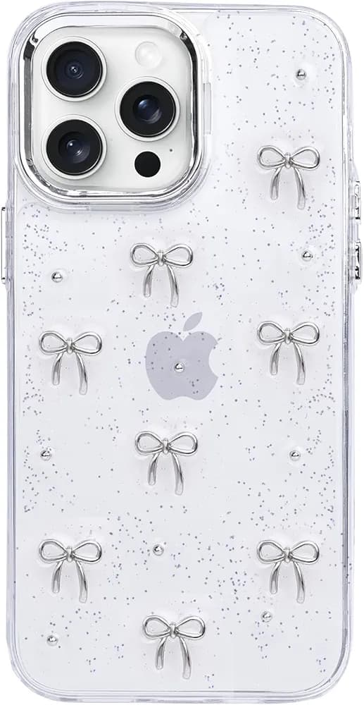 قاب شفاف اکلیلی و براق پاپیونی آیفون 15 پرو مکس – iPhone 15 Pro Max Clear Shiny Bowknot Case