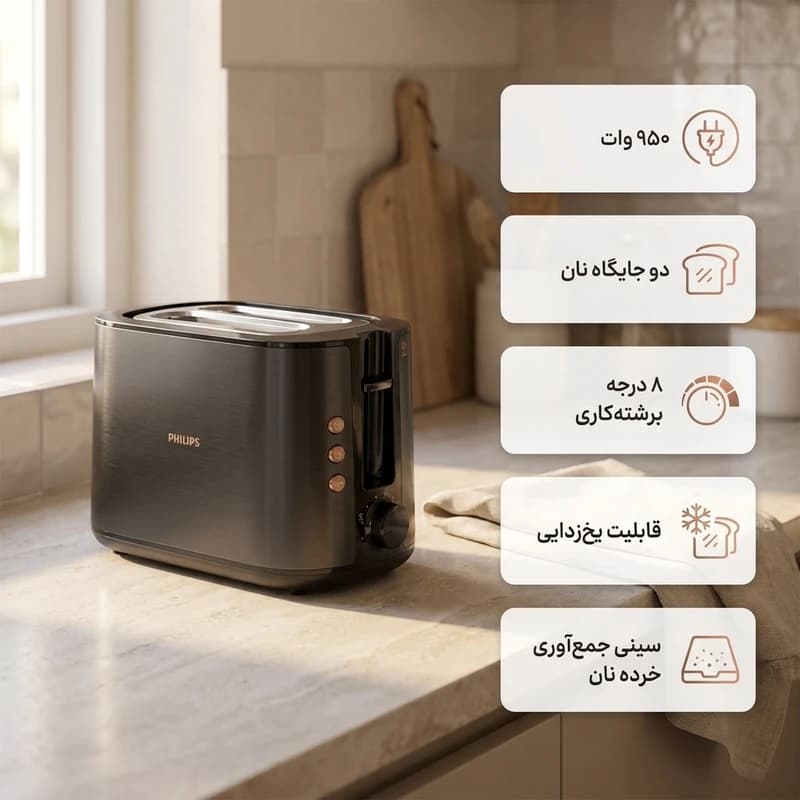 توستر فیلیپس مدل HD2650 | توستر 2 اسلایس 950 وات با 8 درجه برشته کردن-ویژه گجتیک — تصویر ۳