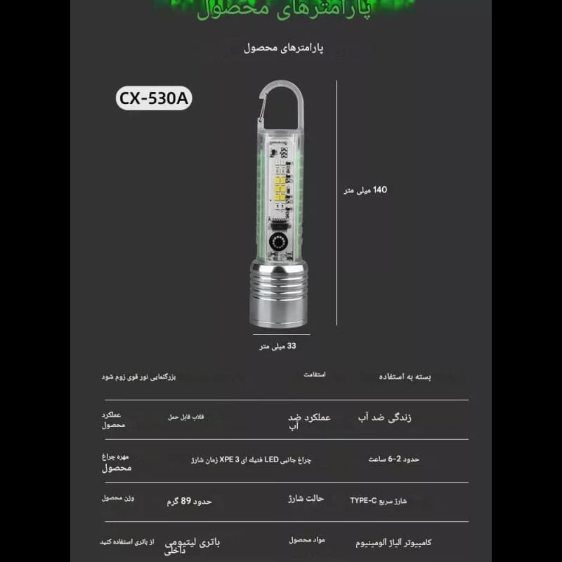 چراغ قوه LED ضد آب مدل CX-530A با بزرگنمایی و ۸ حالت نوردهی-محصولی ویژه — تصویر ۳