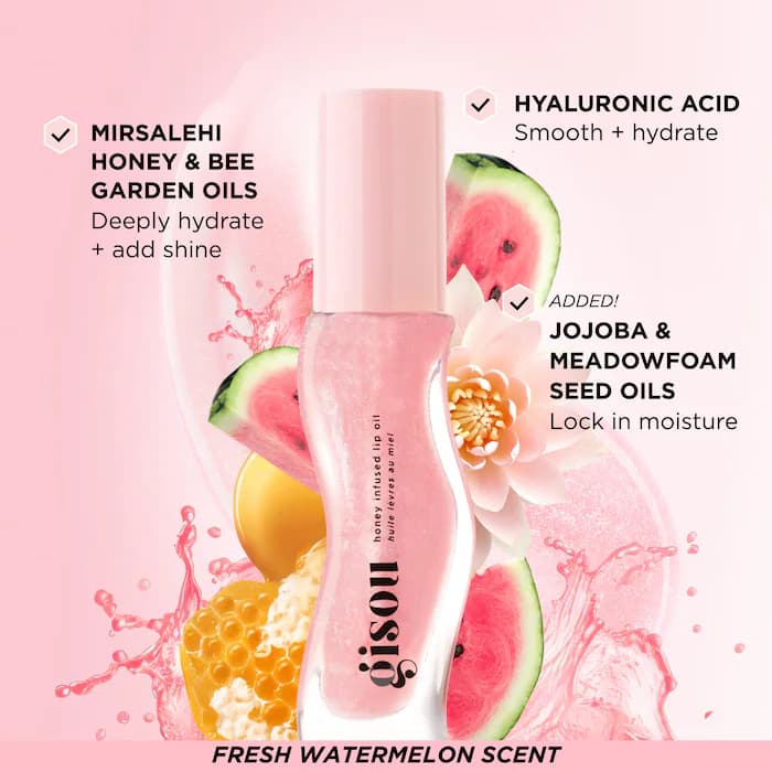 Gisou Honey Infused Hydrating Lip Oil Color: Watermelon Sugar – Clear Pink Shimmer روغن لب هندوانه ای گیسو — تصویر ۴