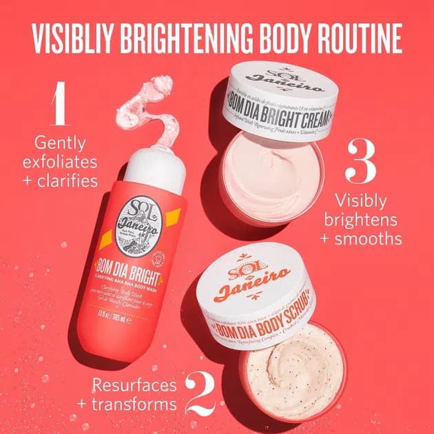 کرم بدن روشن کننده بوم بوم سول دی ژانیرو اصل اروپایی 25میل SOL DE JUNEIRO BOM DIA BRIGHT TM BODY CREAM RETEXTURIZES AND GIVES SKIN A BRIGHTENING BOOST WITH EXFOLIATING FRUIT AHAS AND VITAMIN C — تصویر ۴