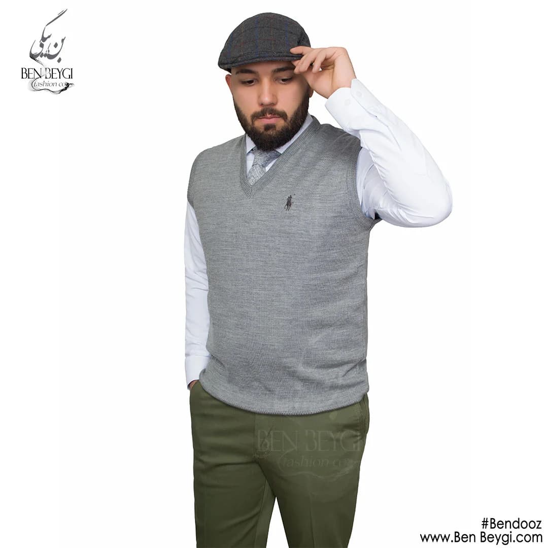 ژیله بافت یقه هفت مردانه رنگ طوسی روشن شلوار سبز آستین حلقه ای کد MA-22163