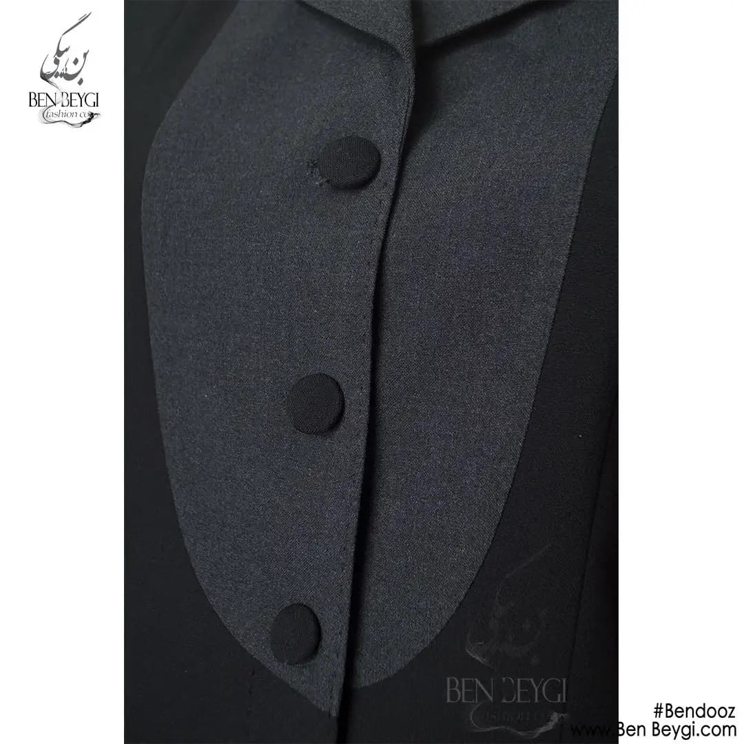 مانتو شلوار اداری مشکی بانتو دوزی رنگ قد 90 پارچه بزیاق کد 22048 — تصویر ۳