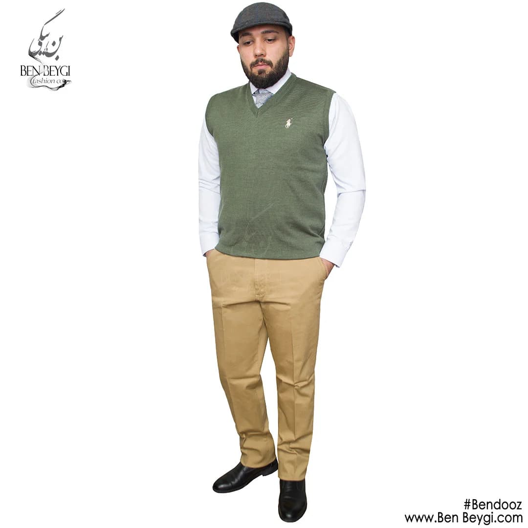 ژیله بافت یقه هفت مردانه رنگ سبز آستین حلقه ای کد 21688-MA