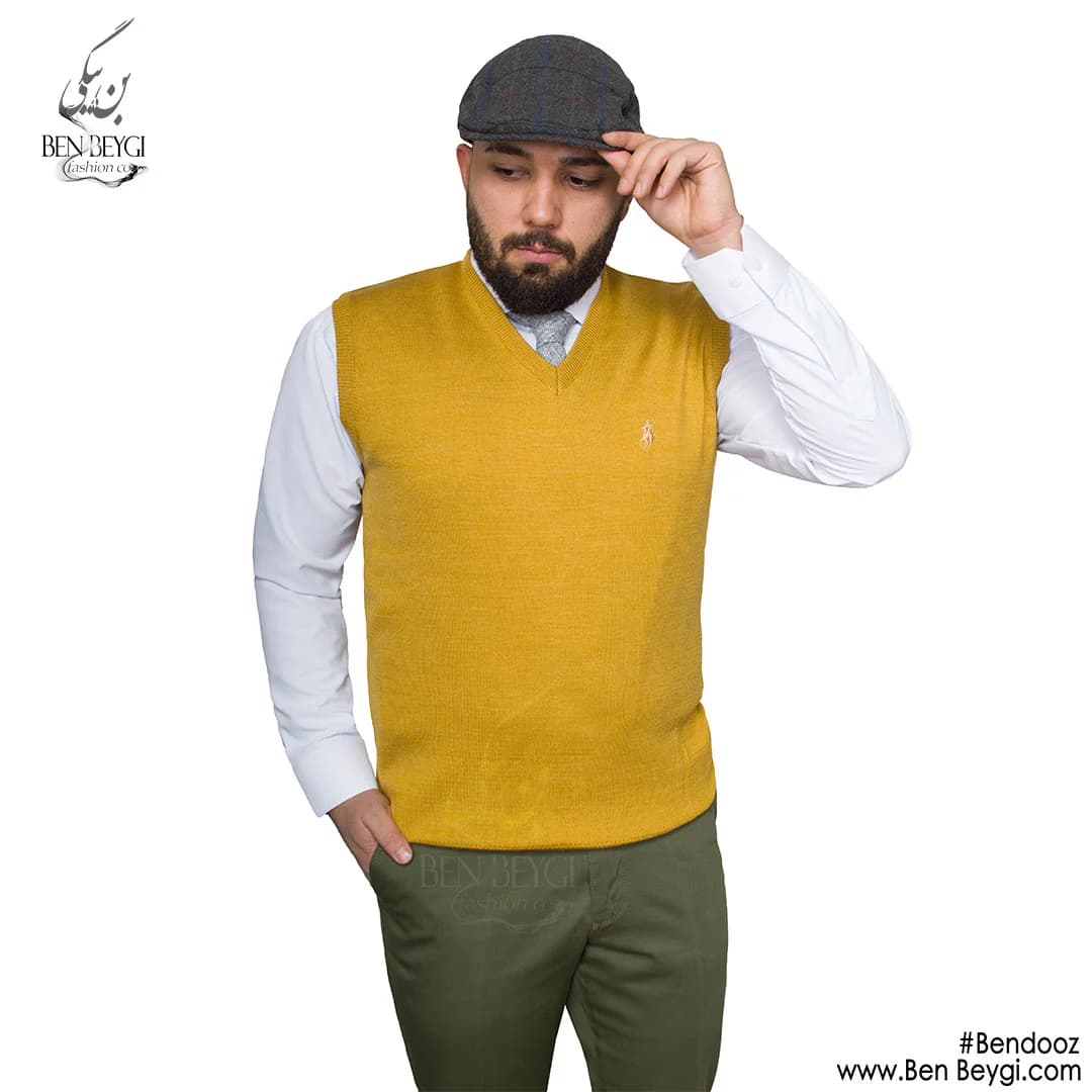 ژیله بافت یقه هفت مردانه رنگ خردلی آستین حلقه ای کد MA-21684