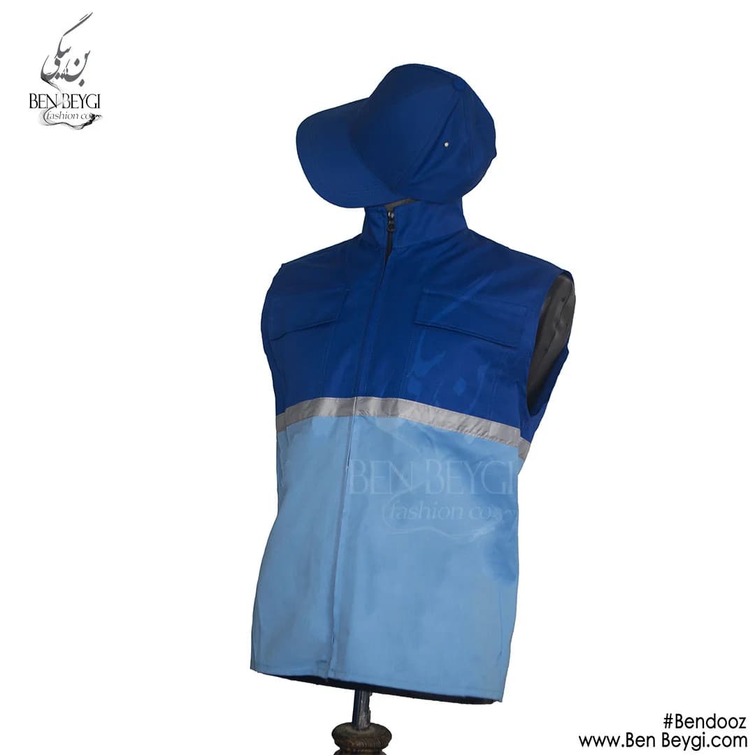 جلیقه کار پارچه کجراه ساده دورنگ جلو زیپ دار رنگ آبی کد 21047