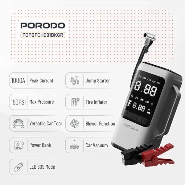 جامپ استارتر و پمپ باد 6 کاره پرودو Porodo 6-in-1 Multi Function Power Tool PDPBFCH091BKGR — تصویر ۷