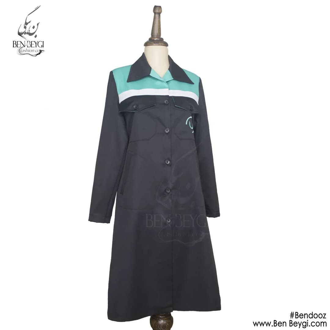 مانتو شلوار کار زنانه پارچه کجراه دورنگ پیش یک ردیف دکمه قد 100 یقه برگردان کد 19331