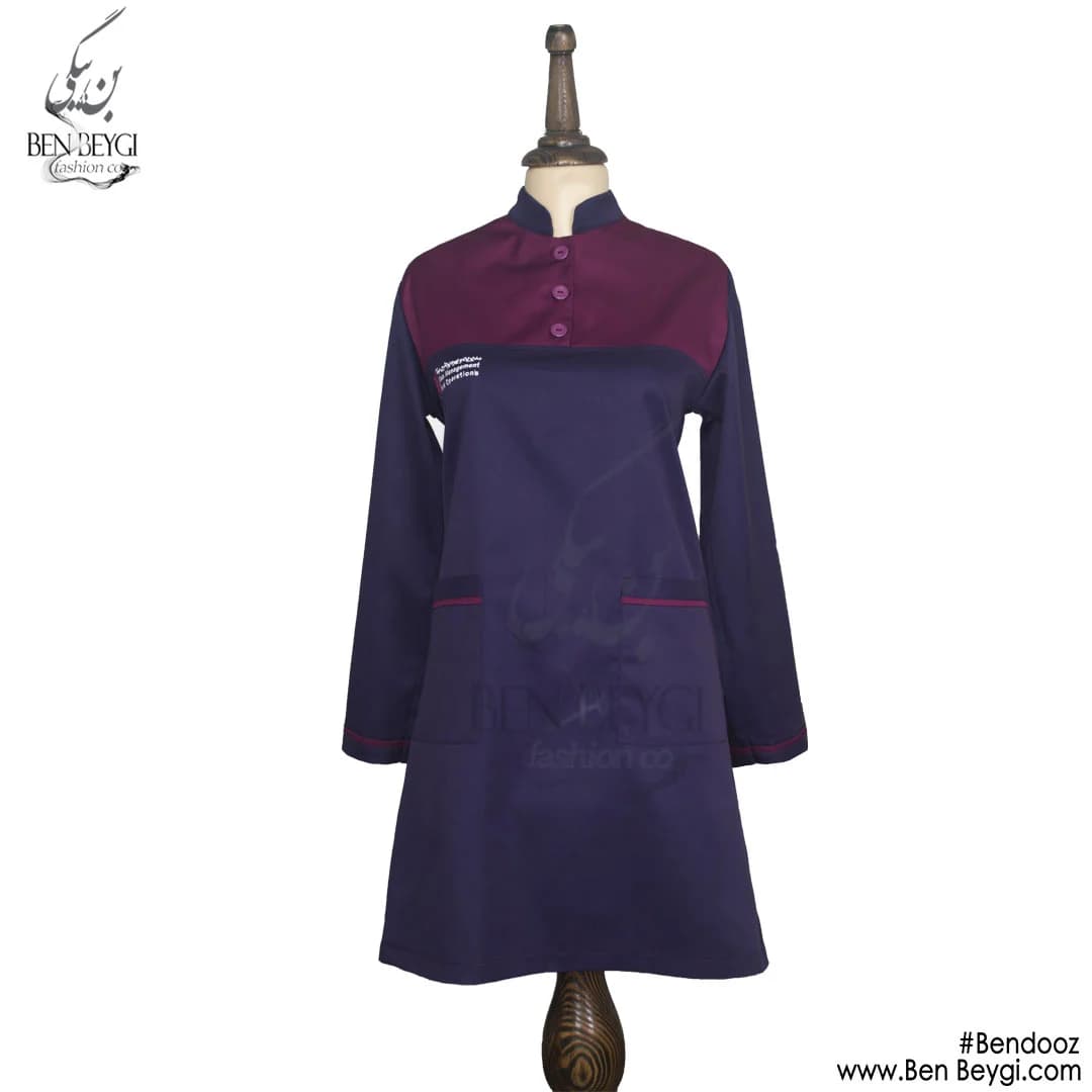 مانتو شلوار کار زنانه پارچه کجراه دو رنگ جلو بسته قد 100 یقه ایستاده دوجیب کد 19328