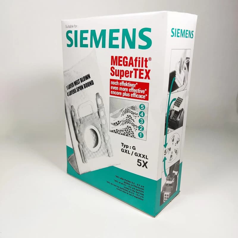 پاکت جاروبرقی زیمنس مدل MEGAfilt SuperTEX مناسب جاروبرقی های بوش و زیمنس Type G /GXL/GXXLبسته 5 عددی کد B62 — تصویر ۲