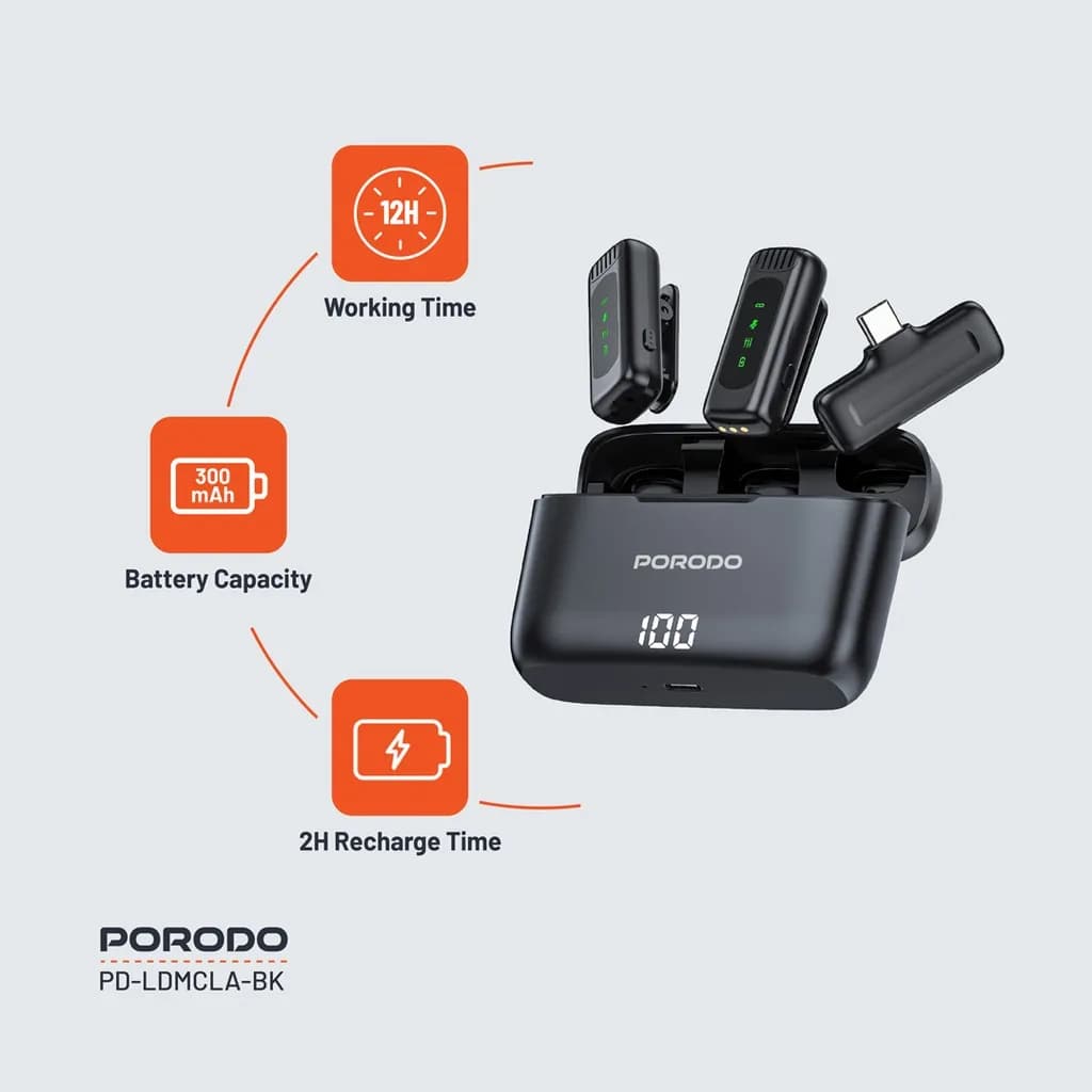 میکروفون بی سیم پرودو Porodo Lavalier Microphone PD-LDMCLA دارای 2 فرستنده — تصویر ۴