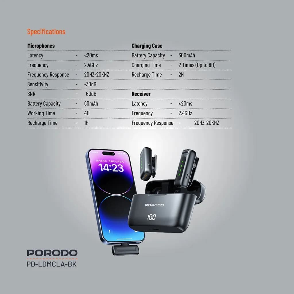 میکروفون بی سیم پرودو Porodo Lavalier Microphone PD-LDMCLA دارای 2 فرستنده — تصویر ۵