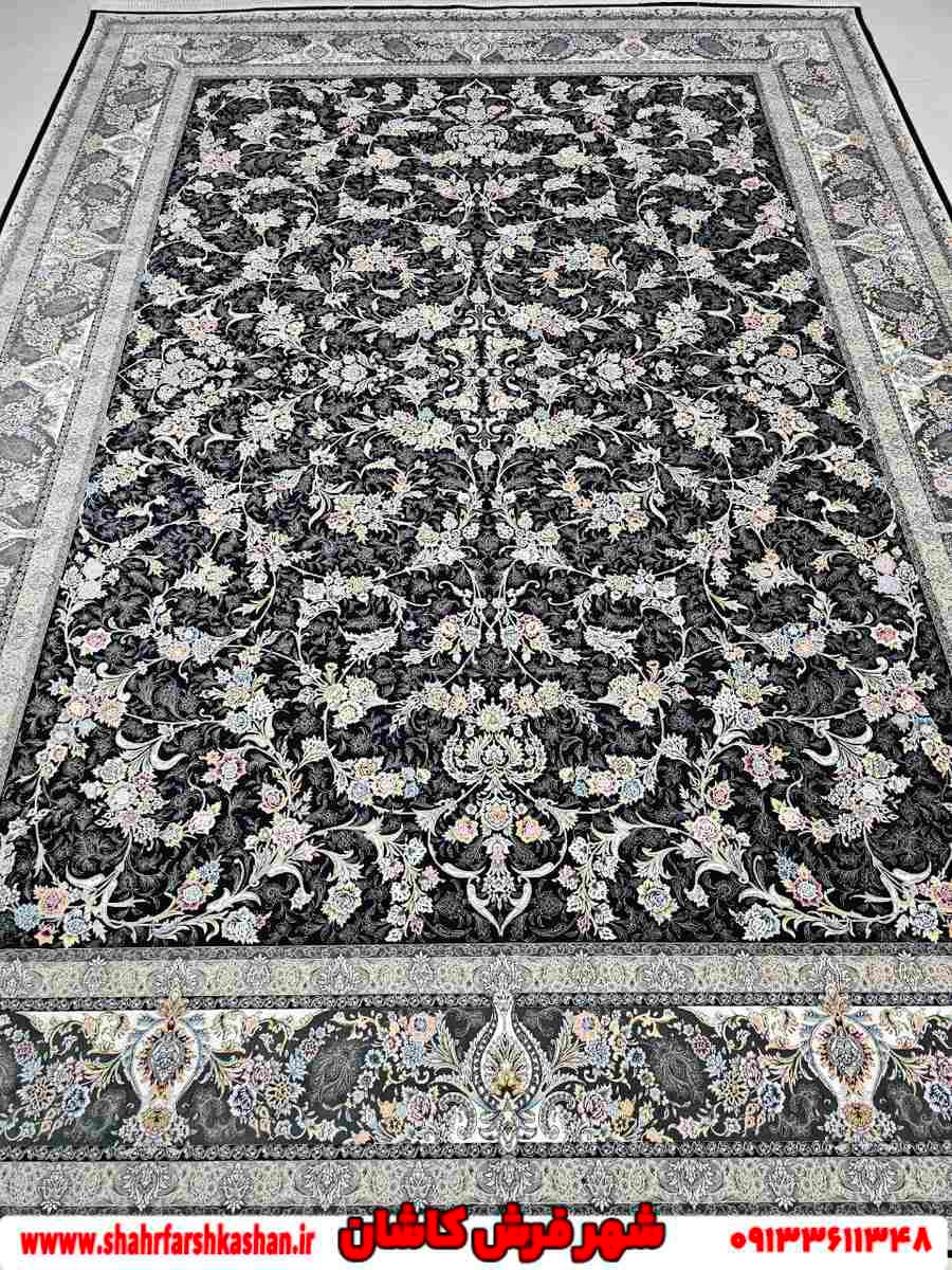 فرش 1200 شانه افشان کاشان طرح بهار سرمه ای — تصویر ۴