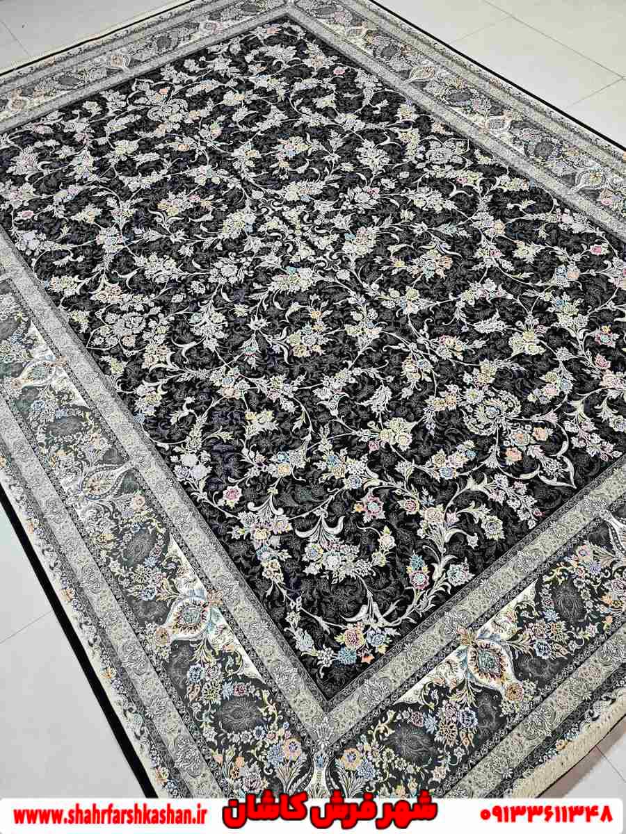 فرش 1200 شانه افشان کاشان طرح بهار سرمه ای
