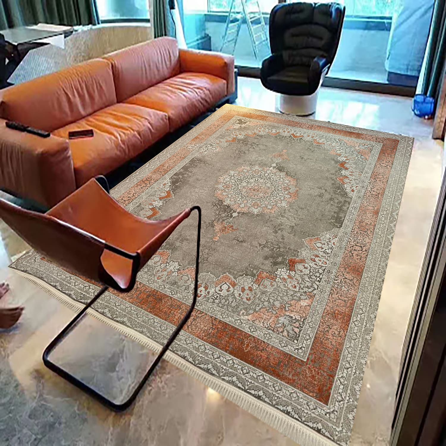 فرش مدرن طوسی نارنجی 1200 شانه طرح ترمه