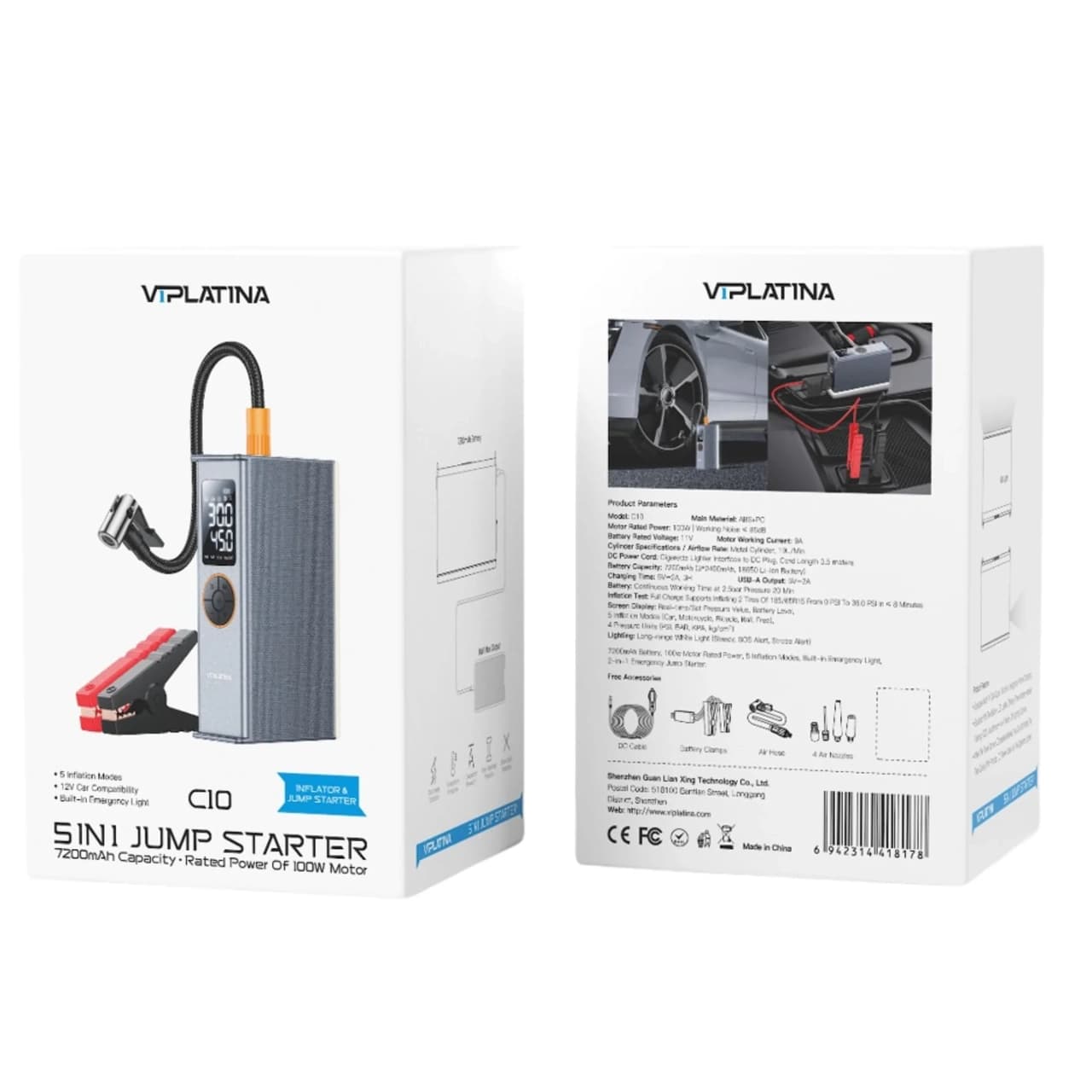 جامپ استارتر خودرو ، پمپ باد تایر و پاوربانک فست شارژ VIPLATINA 7200mAh مدل C10 100W – خاکستری (گارانتی شش ماه تعویض نیکان همراه) — تصویر ۶