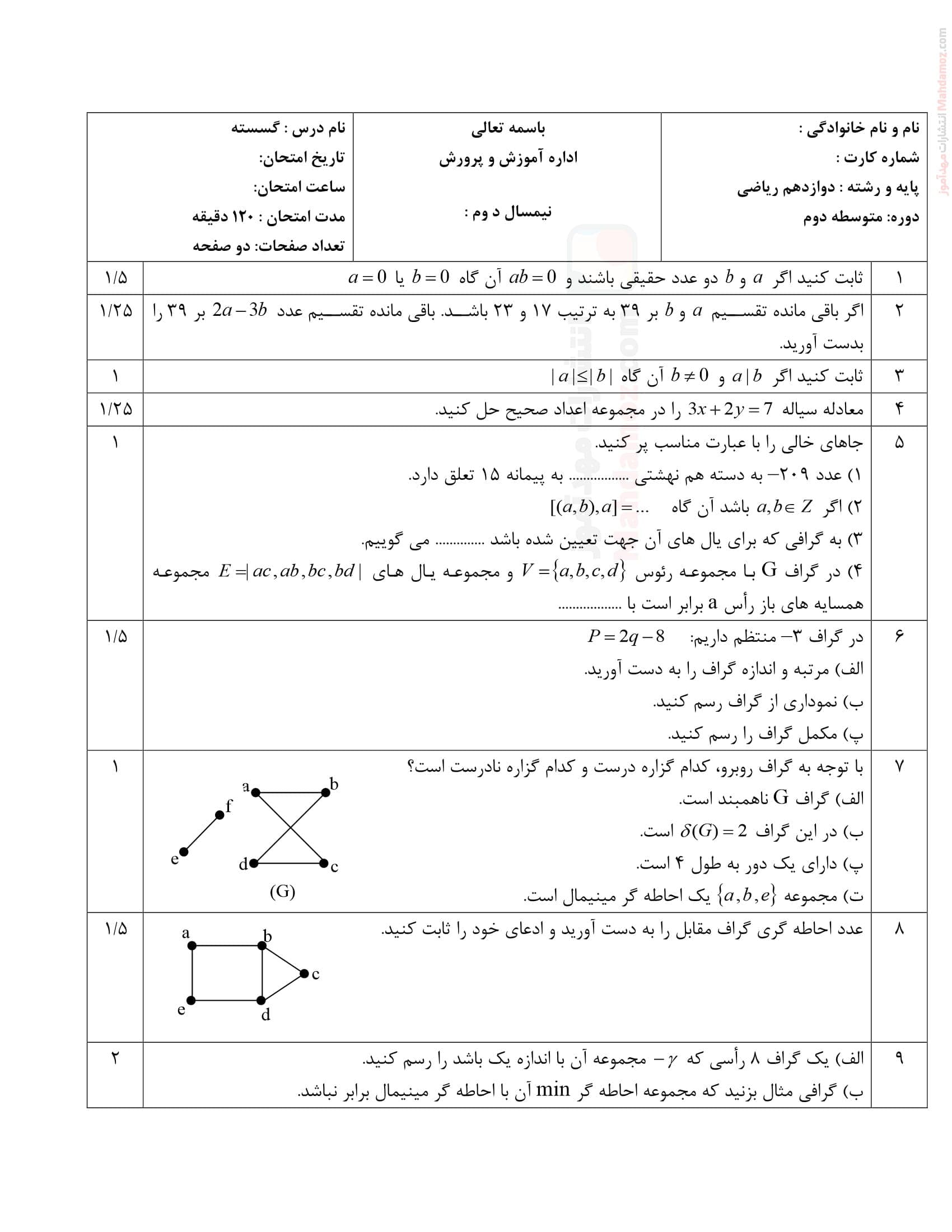 نمونه سوال امتحان ترم دوم ریاضیات گسسته دوازدهم دبیرستان | با جواب — تصویر ۲