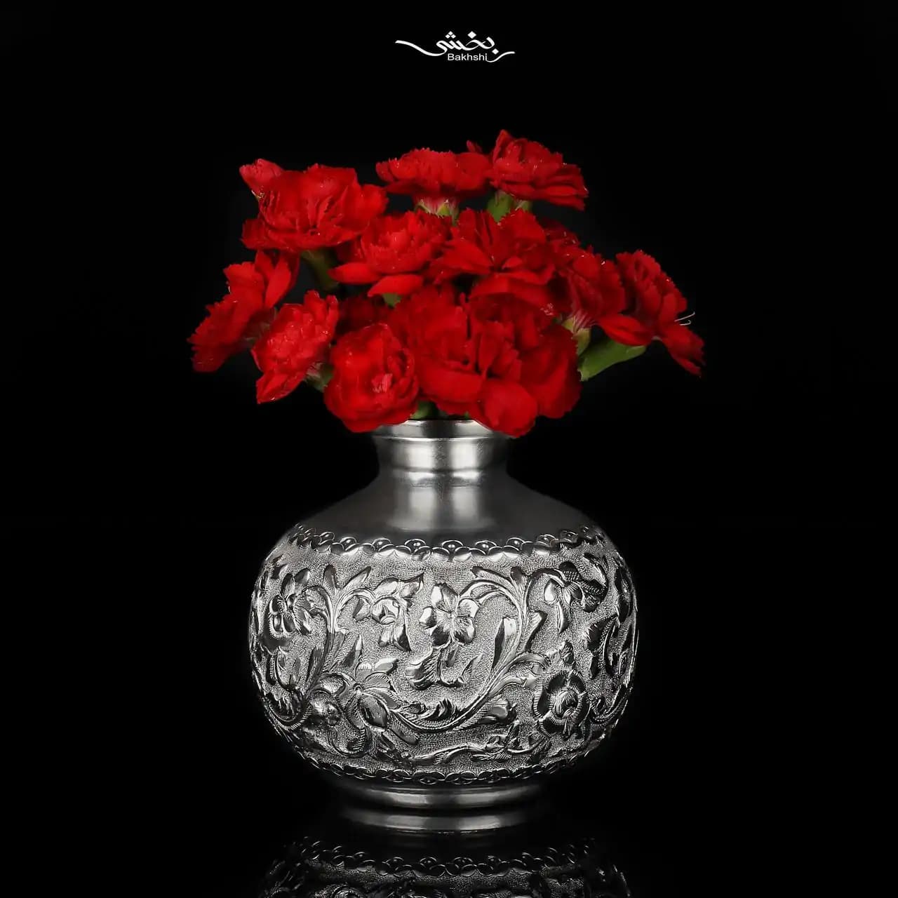 گلدان نقره اناری قلم گل و مرغ — تصویر ۲