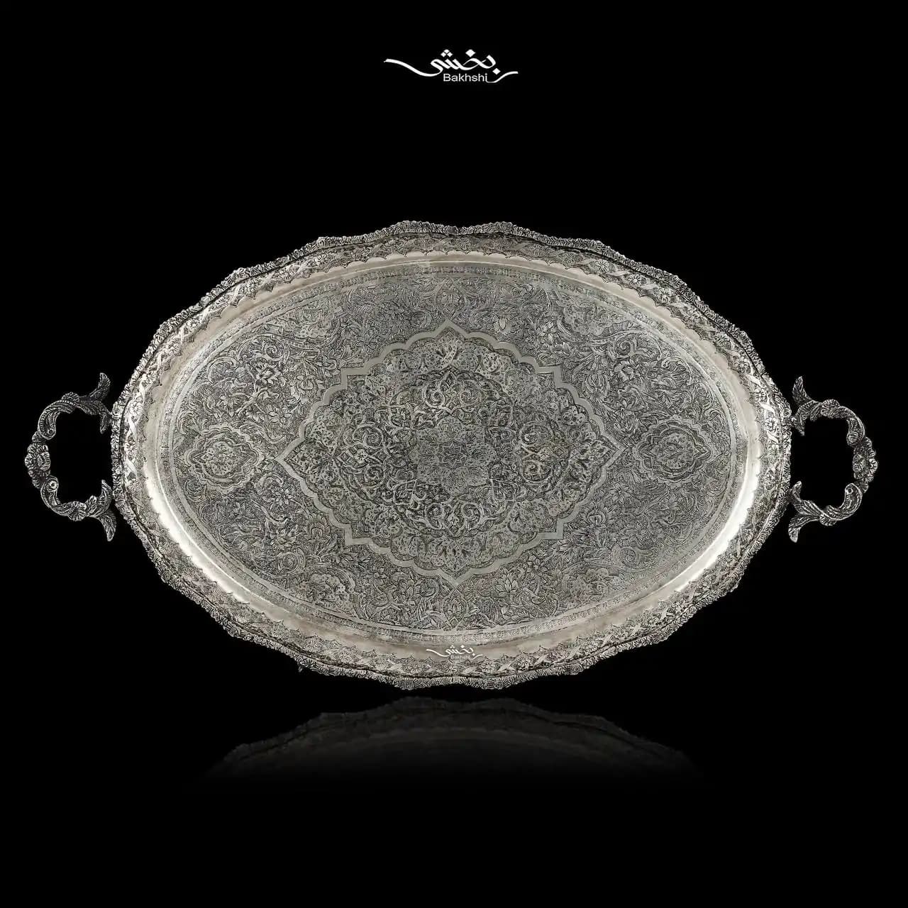 سینی نقره بیضی دسته دار قلم گل و مرغ