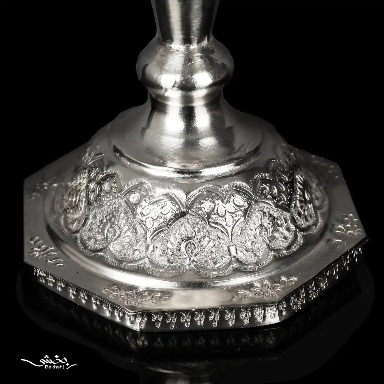 شمعدان نقره لاله قلم گل و مرغ — تصویر ۵