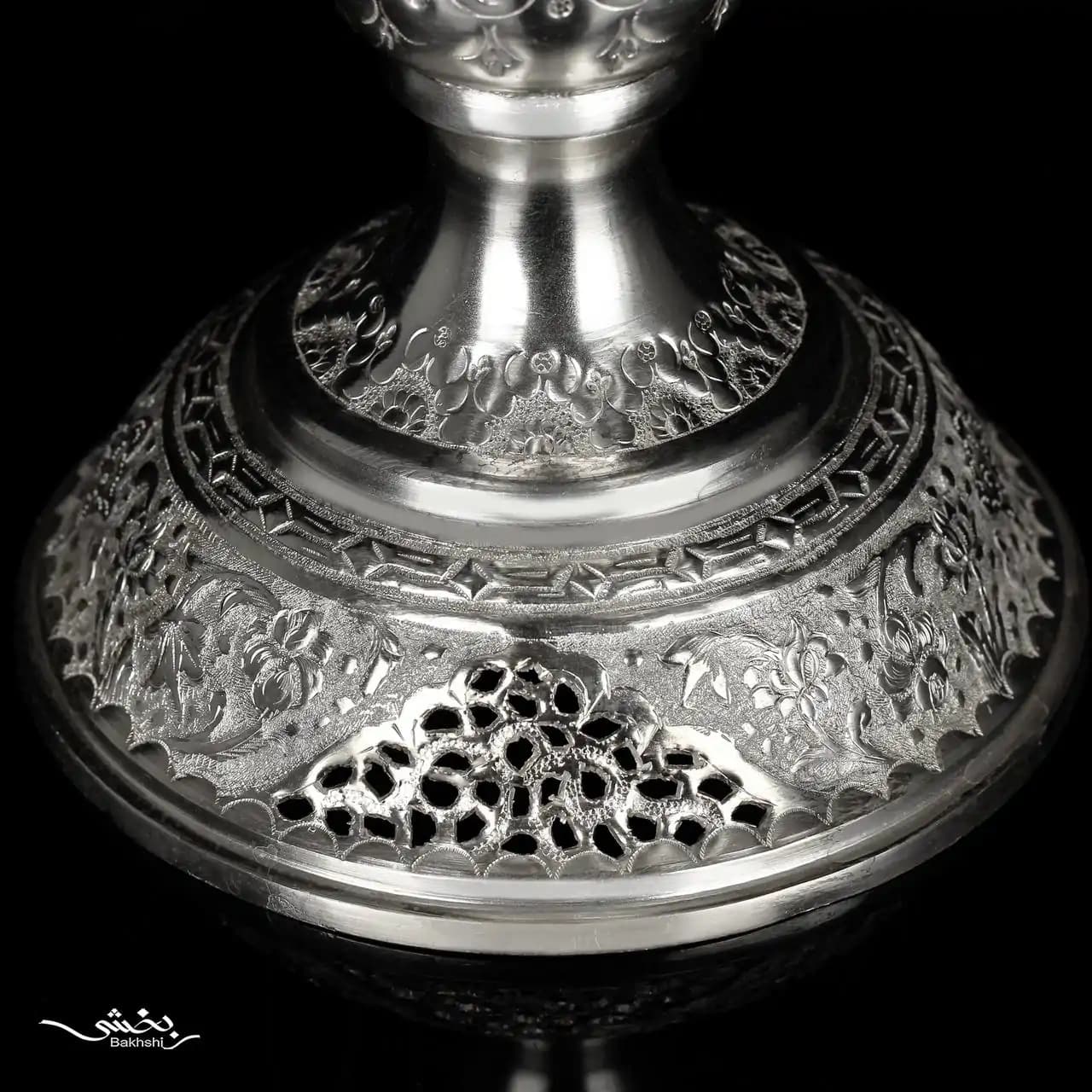 کاسه نقره گرد پایه دار قلم گل و مرغ — تصویر ۴