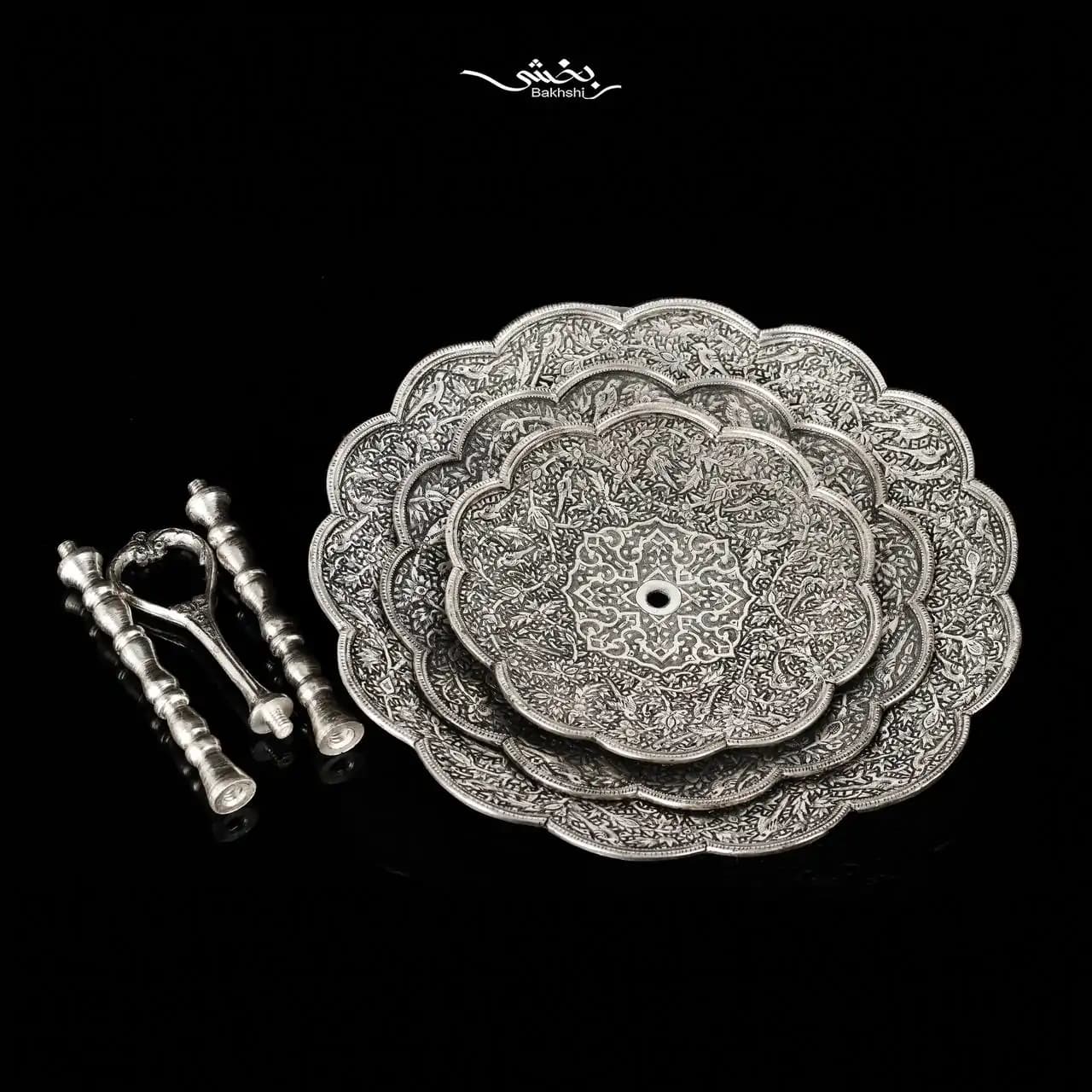 شیرینی خوری نقره سه طبقه گل و مرغ درجه یک — تصویر ۵