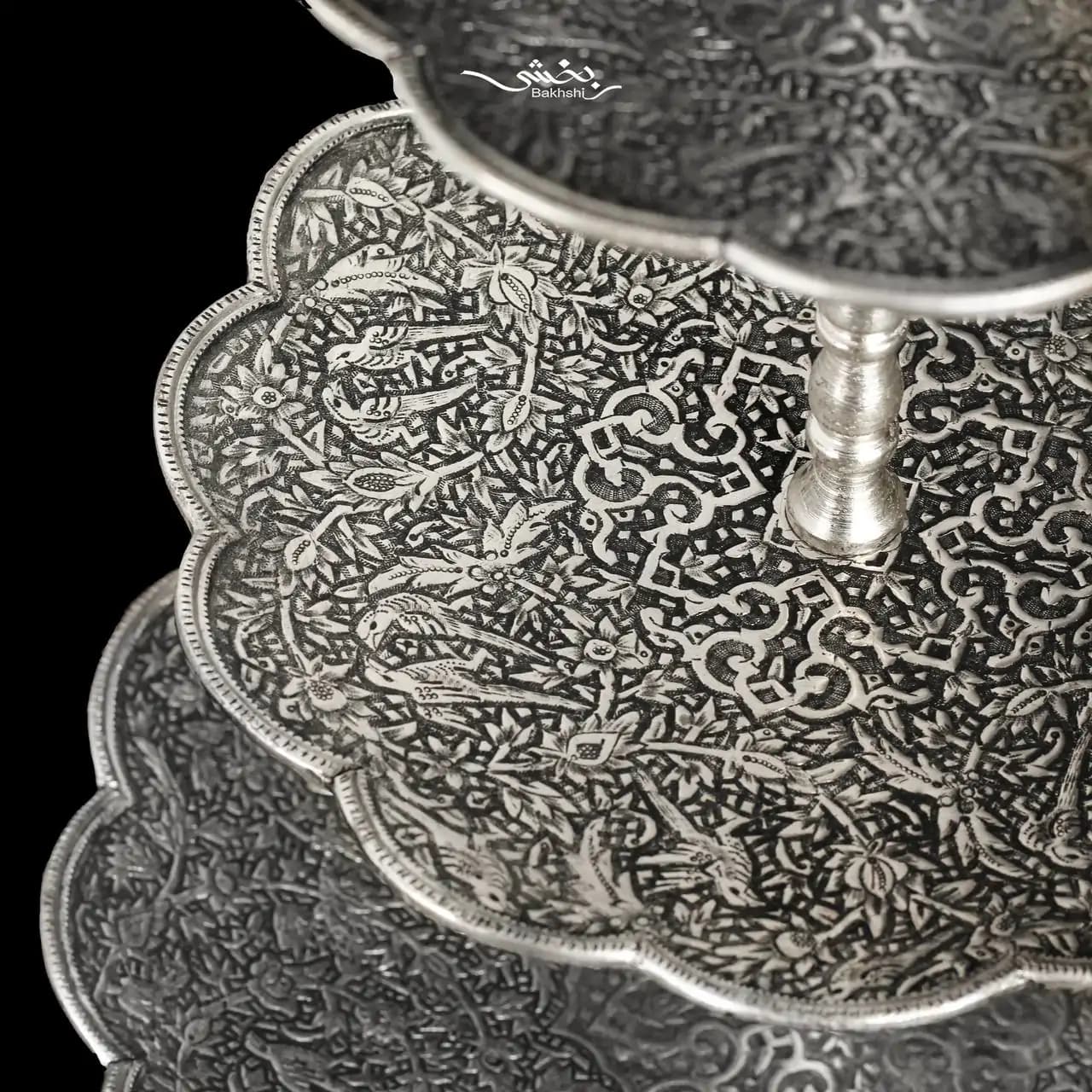 شیرینی خوری نقره سه طبقه گل و مرغ درجه یک — تصویر ۶