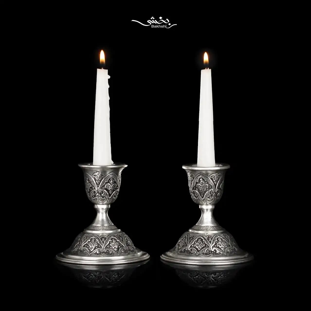 آینه و شمعدان نقره گل و مرغ ریزقلم مشبک — تصویر ۵