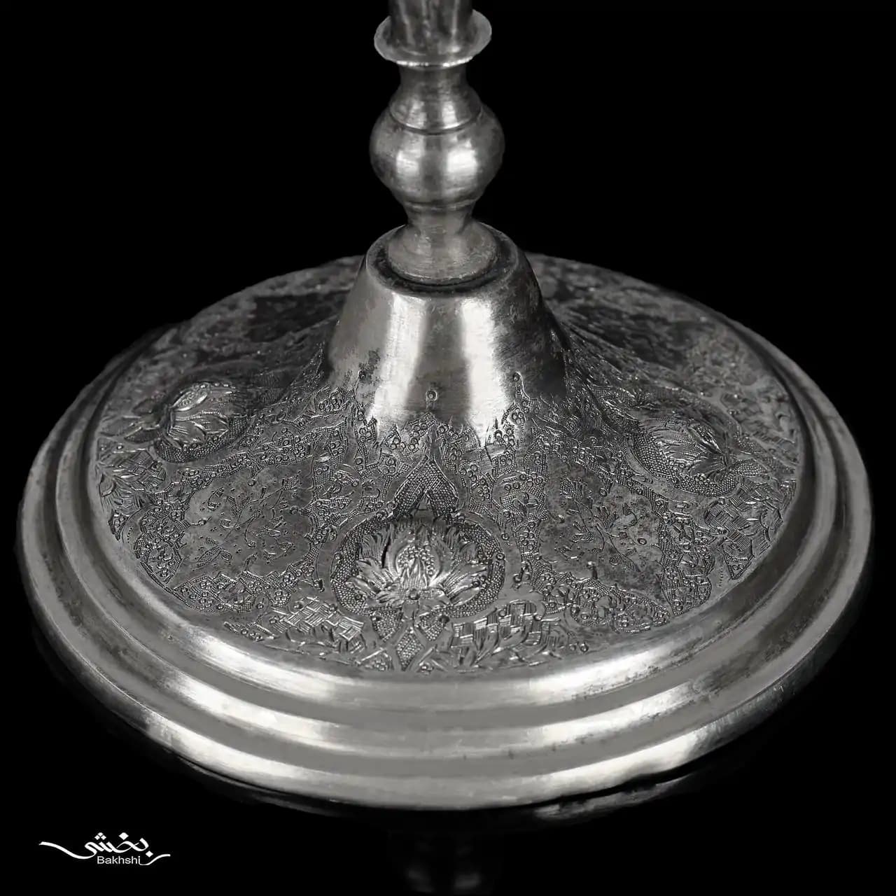 شمعدان نقره دوشاخه ترنج ریزقلم — تصویر ۴