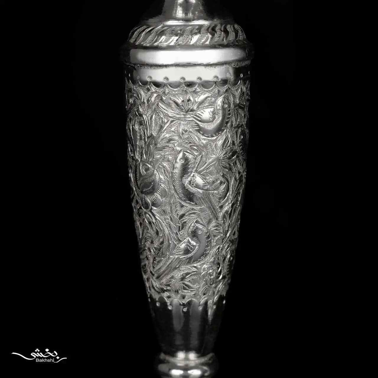 شمعدان نقره تک شاخه گل و مرغ — تصویر ۳