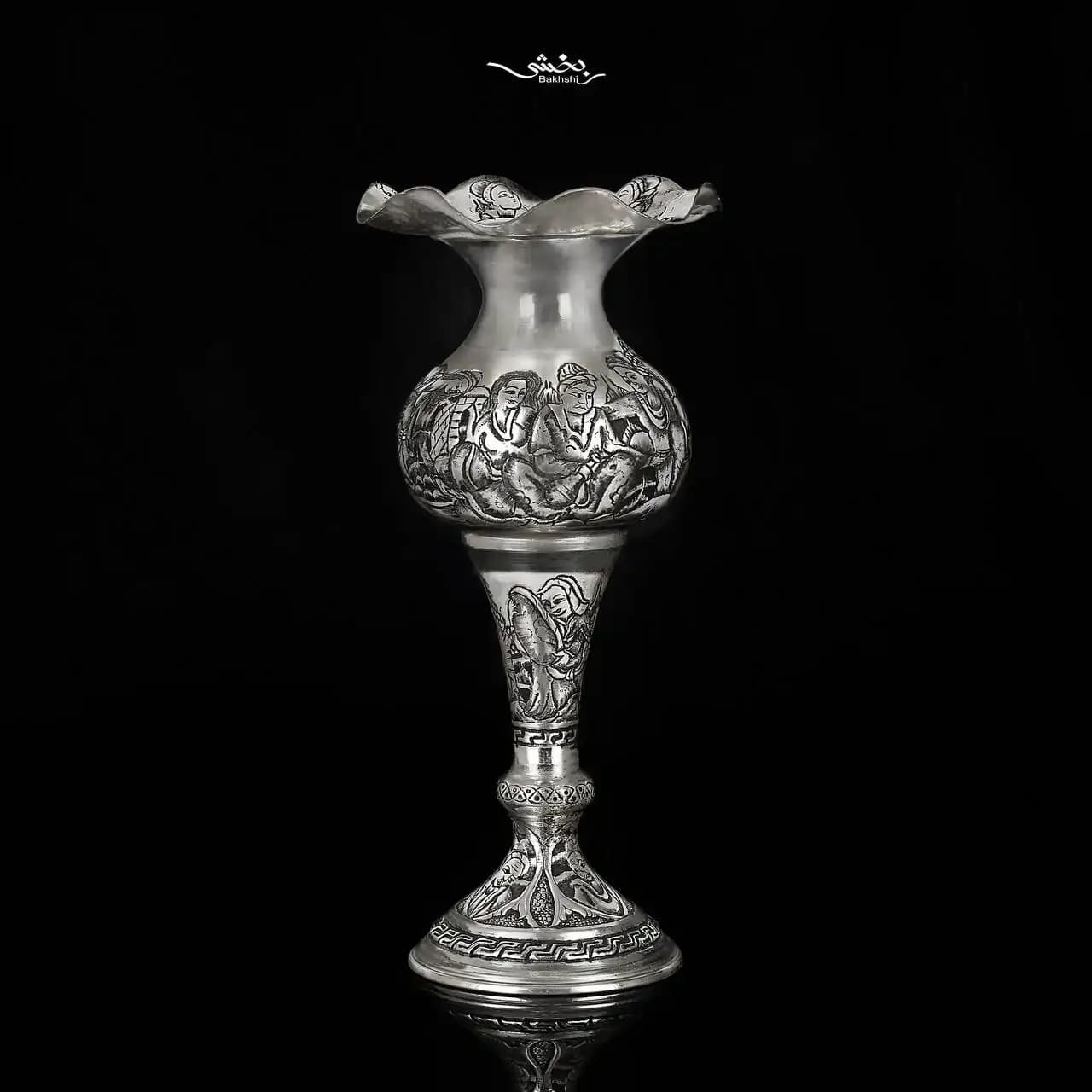 گلدان نقره شکمدار قلم مینیاتور
