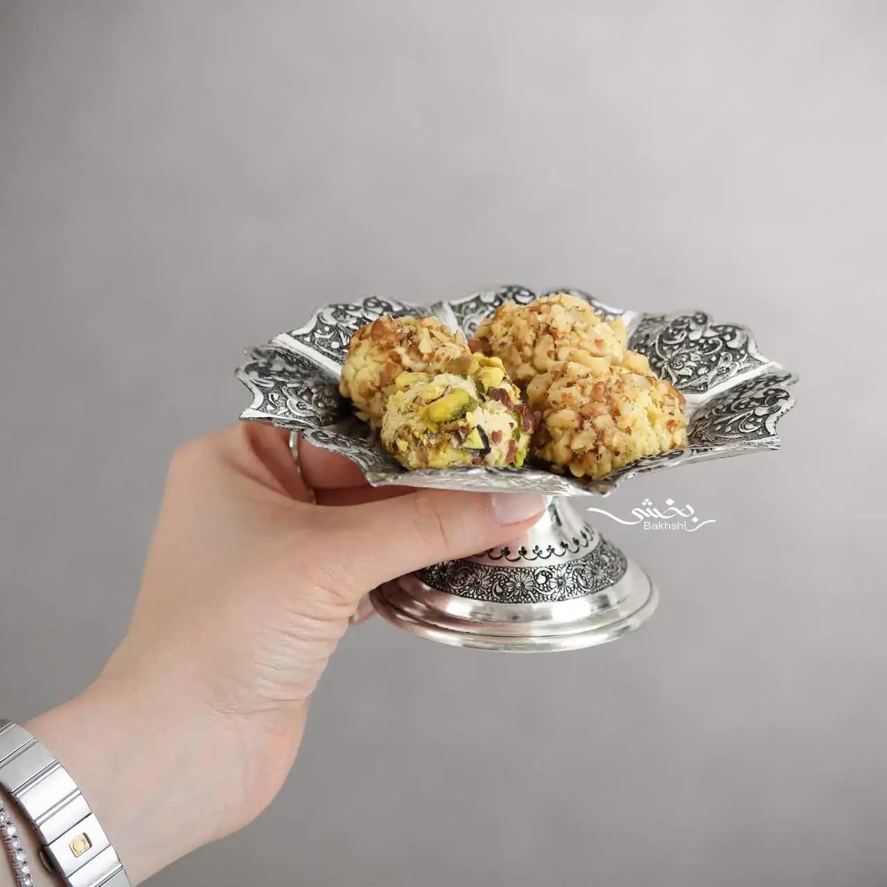شیرینی خوری نقره دو عددی گل و مرغ درجه یک — تصویر ۳