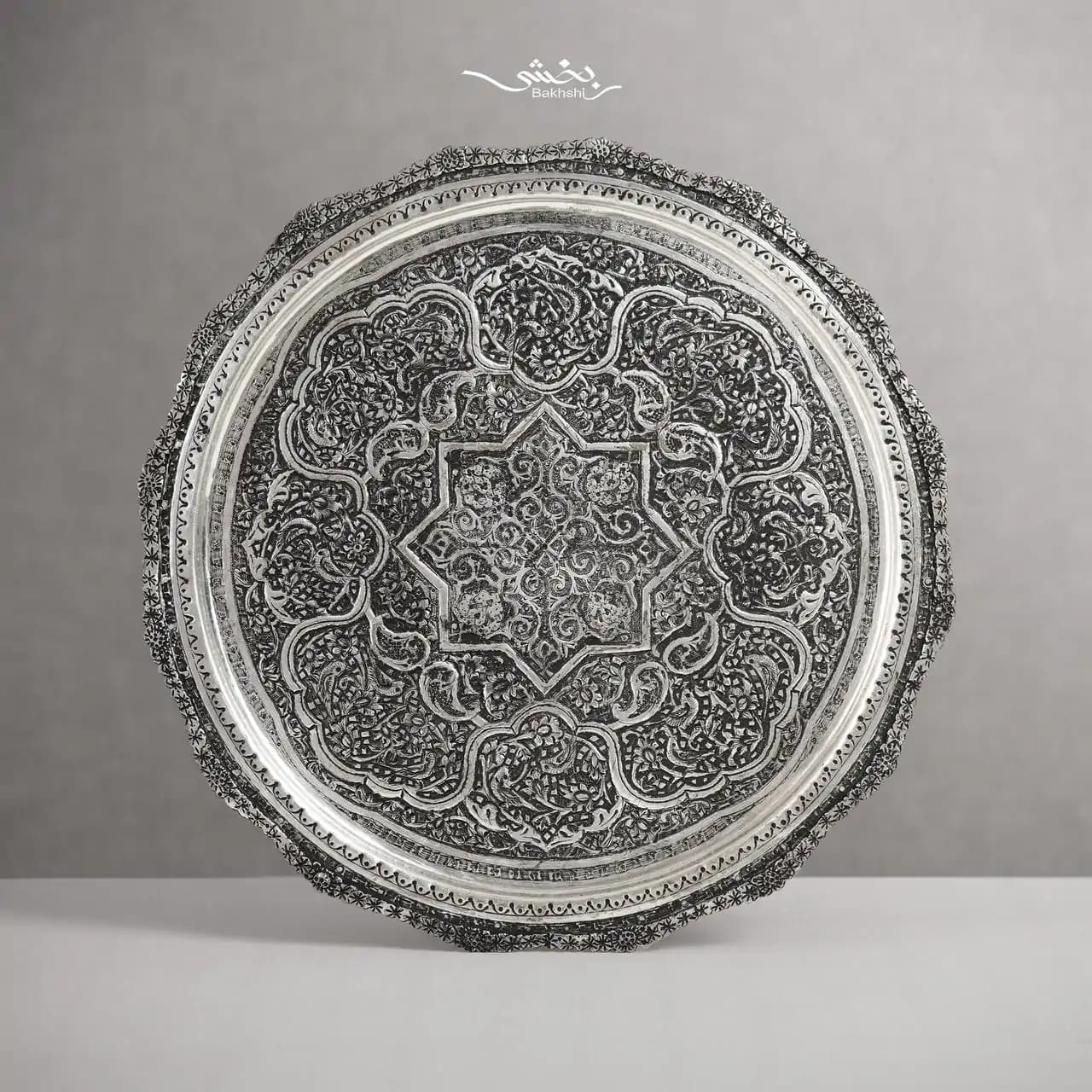 سینی نقره گرد قلم گل و مرغ
